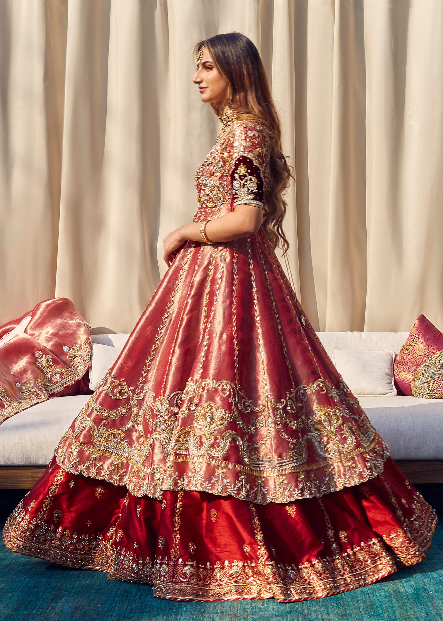 Indian Red Gota Embellished Tissue Silk Pishwas Lehnga (3-Piece) - Image 5
