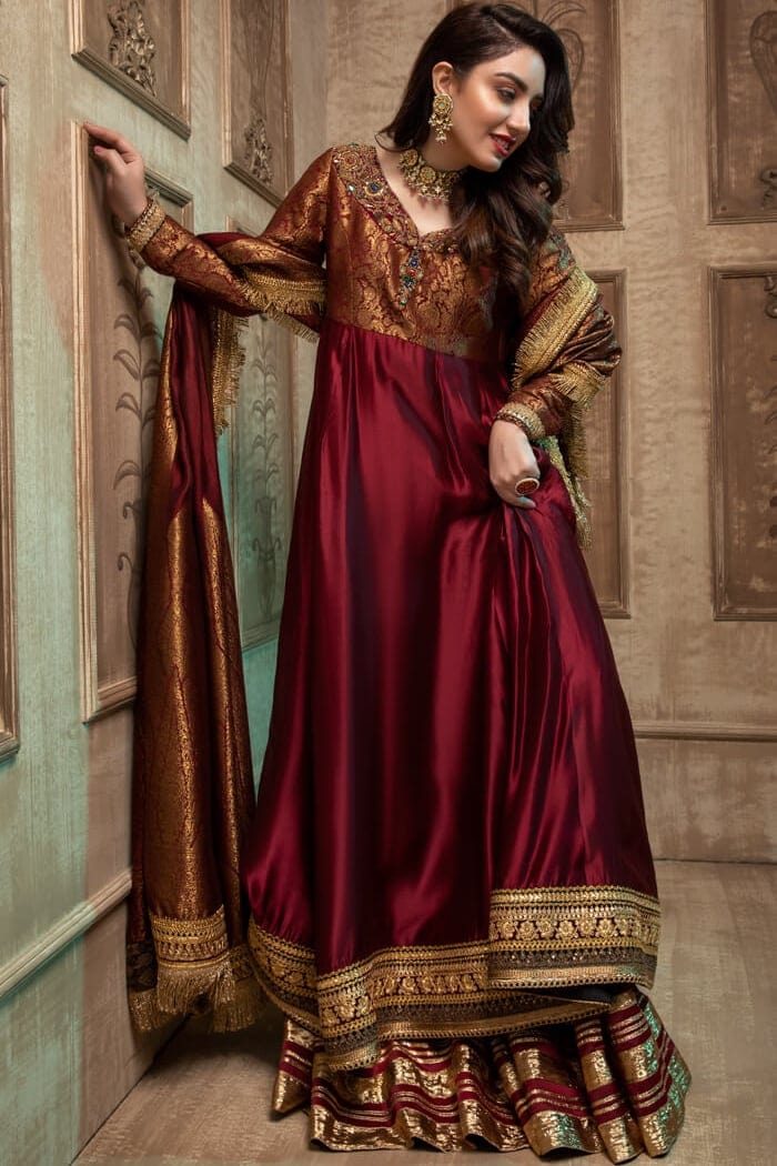 Pakistani Champagne Red Zardozi Tissue Silk Pishwas (3-Piece) - Image 1