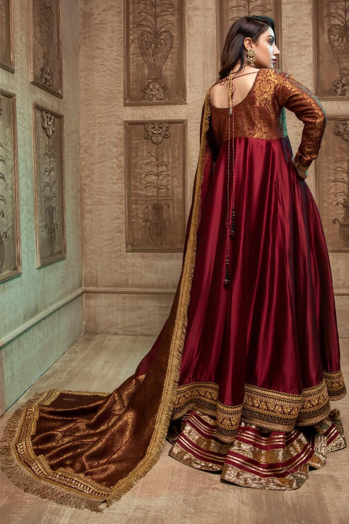 Pakistani Champagne Red Zardozi Tissue Silk Pishwas (3-Piece) - Image 3