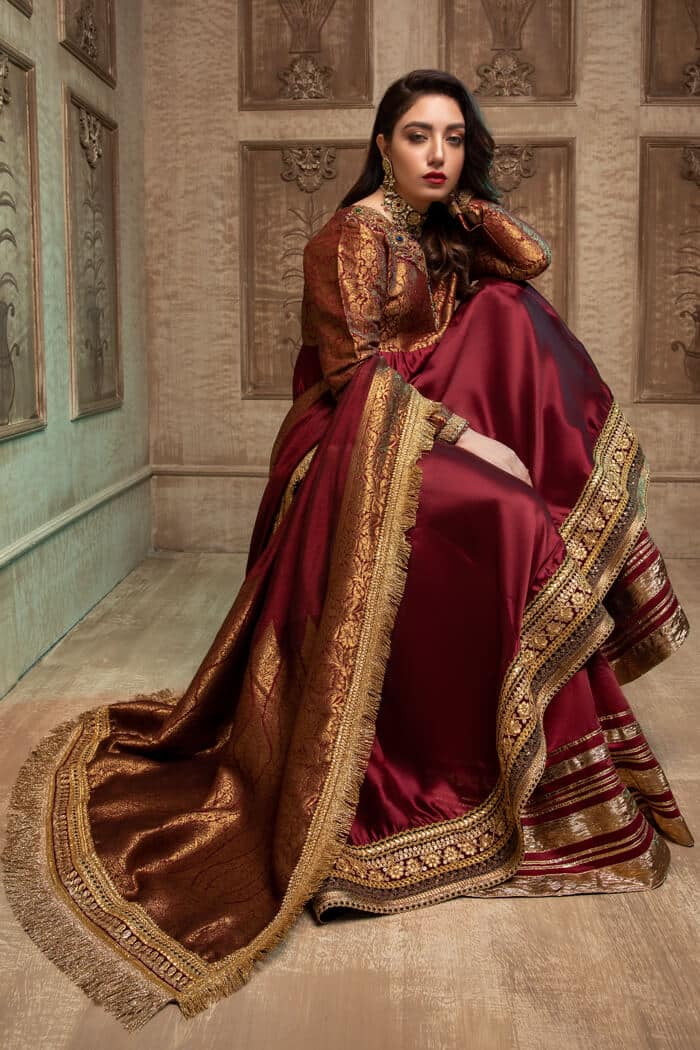 Pakistani Champagne Red Zardozi Tissue Silk Pishwas (3-Piece) - Image 4