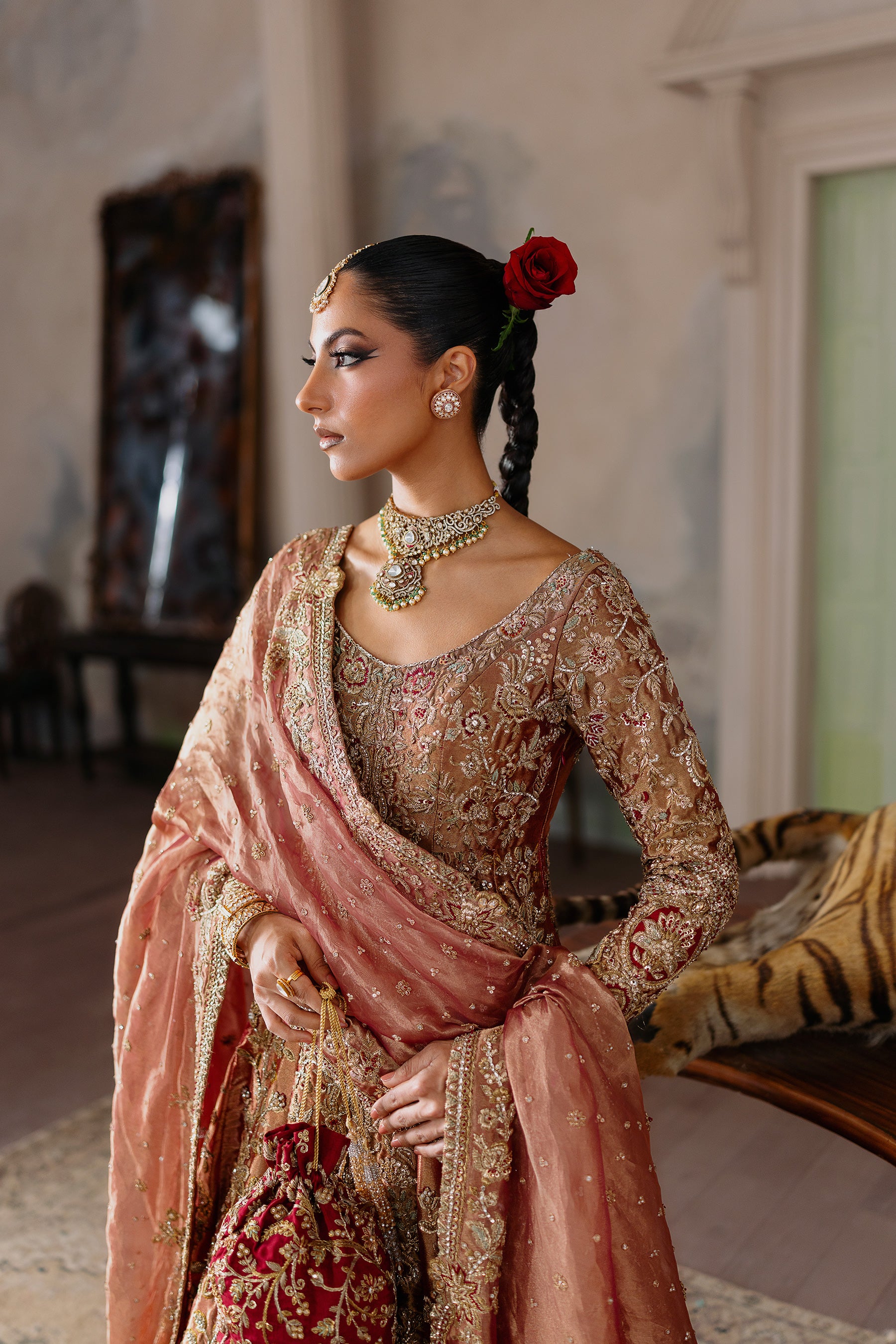 Burnt Coral Zardozi Tissue Pishwas Dress (4-Piece) - Image 3