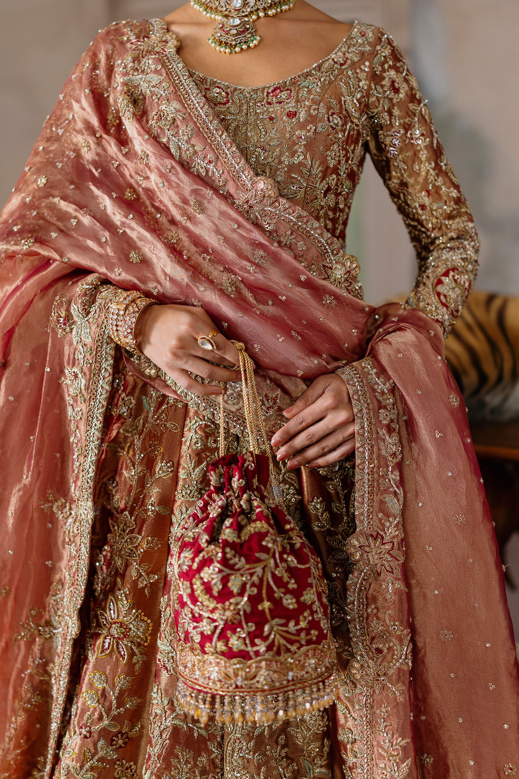 Burnt Coral Zardozi Tissue Pishwas Dress (4-Piece) - Image 4