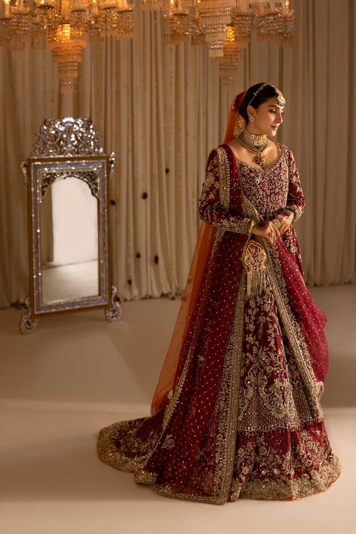 Deep Red Embroidered Pure Tissue Pishwas (3-Piece) - Image 1