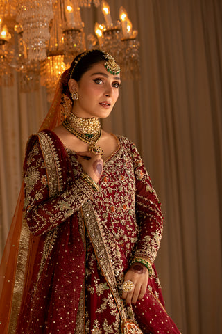 Deep Red Embroidered Pure Tissue Pishwas (3-Piece) - Image 13