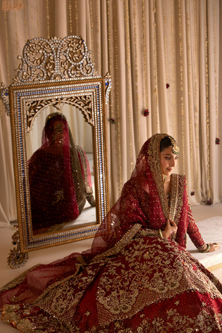 Deep Red Embroidered Pure Tissue Pishwas (3-Piece) - Image 14