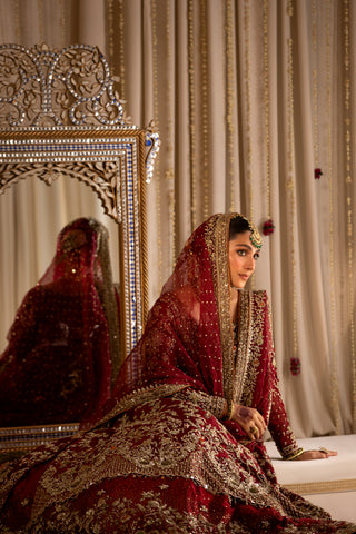 Deep Red Embroidered Pure Tissue Pishwas (3-Piece) - Image 16