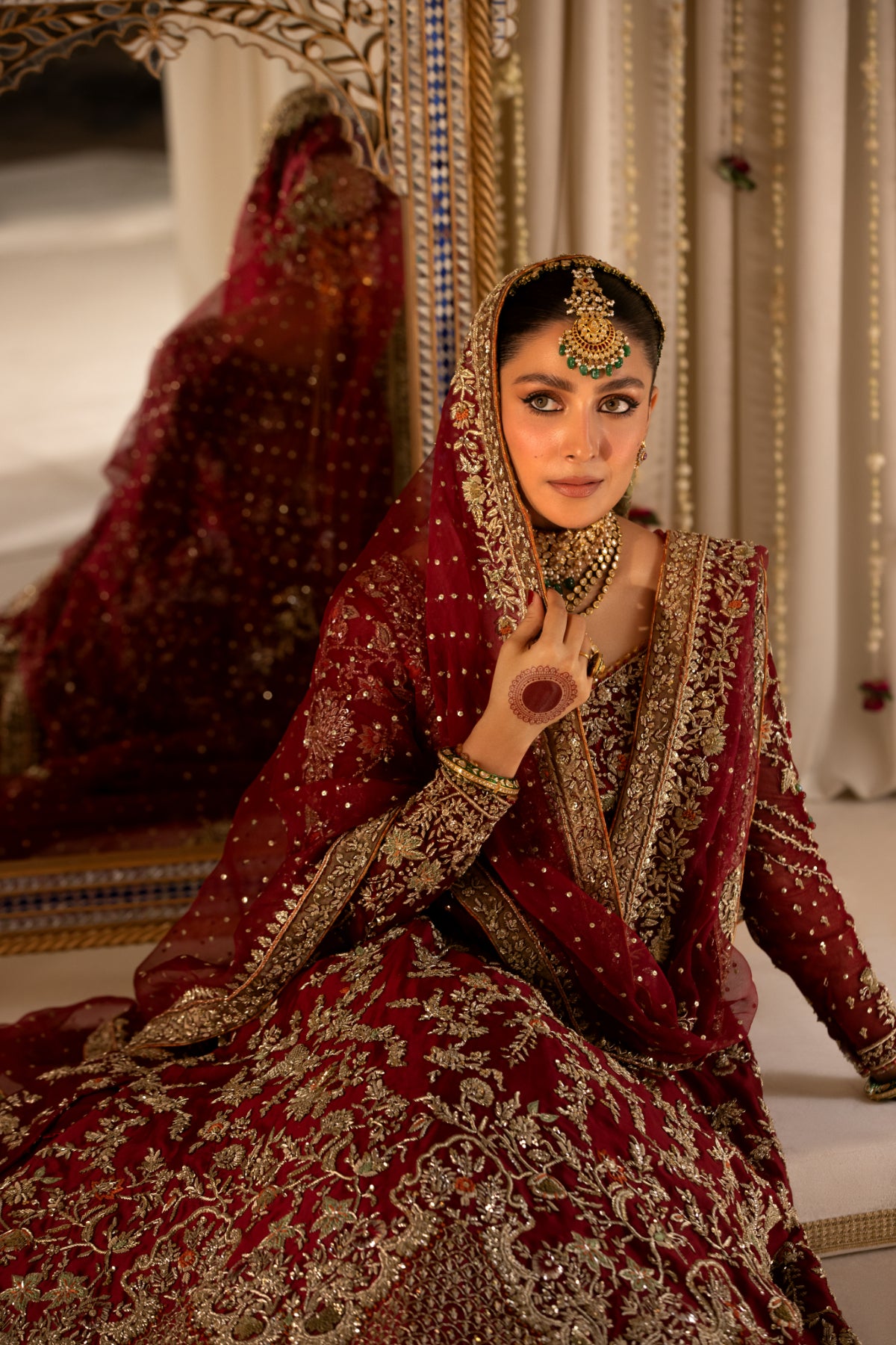 Deep Red Embroidered Pure Tissue Pishwas (3-Piece) - Image 18