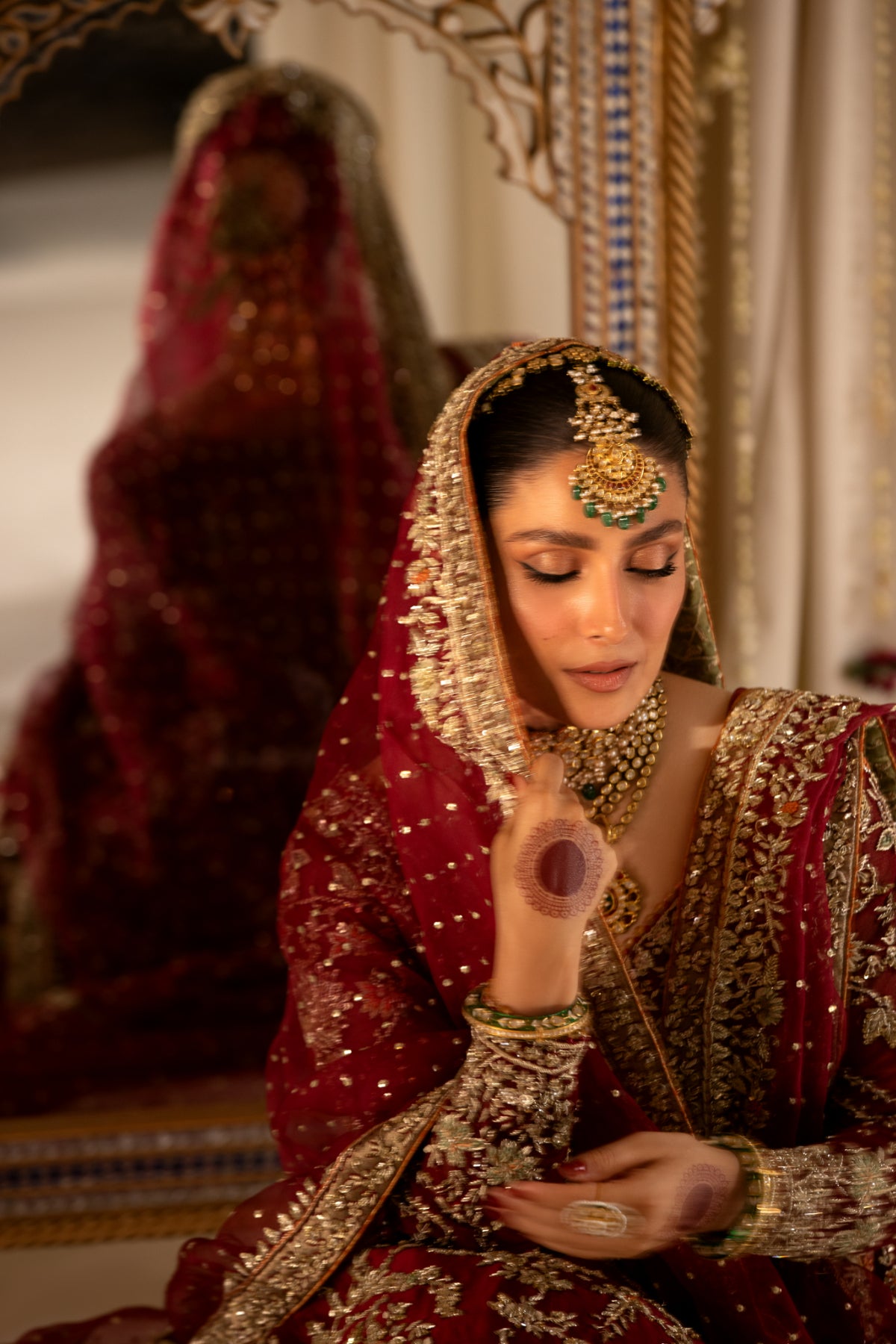 Deep Red Embroidered Pure Tissue Pishwas (3-Piece) - Image 19