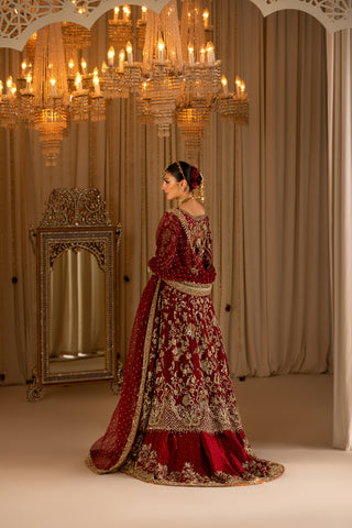 Deep Red Embroidered Pure Tissue Pishwas (3-Piece) - Image 3