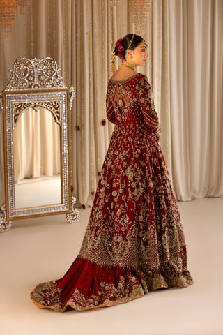 Deep Red Embroidered Pure Tissue Pishwas (3-Piece) - Image 5