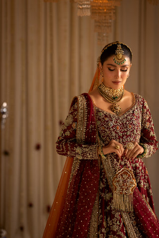 Deep Red Embroidered Pure Tissue Pishwas (3-Piece) - Image 9