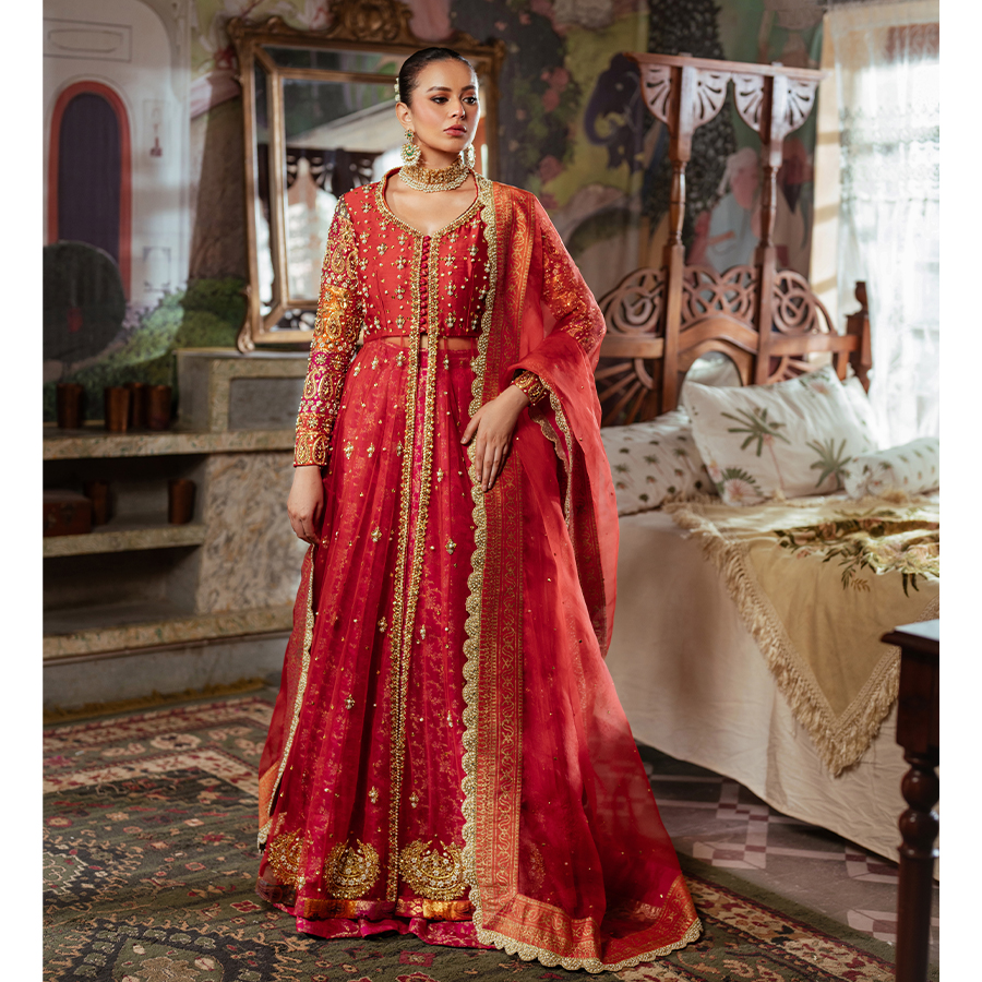 Red Zardozi Tulle & Silk Pishwas Dress (3-Piece) - Image 1