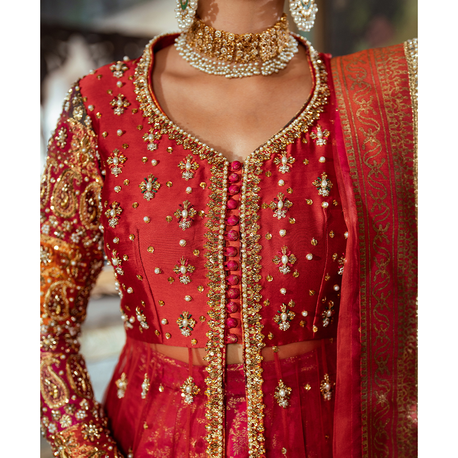 Red Zardozi Tulle & Silk Pishwas Dress (3-Piece) - Image 2