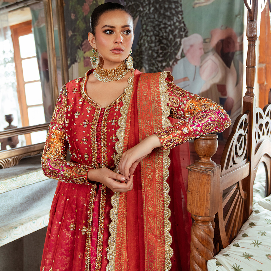 Red Zardozi Tulle & Silk Pishwas Dress (3-Piece) - Image 3