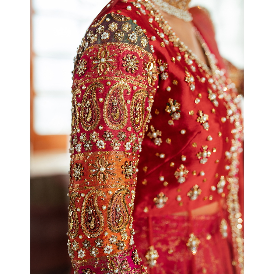 Red Zardozi Tulle & Silk Pishwas Dress (3-Piece) - Image 4