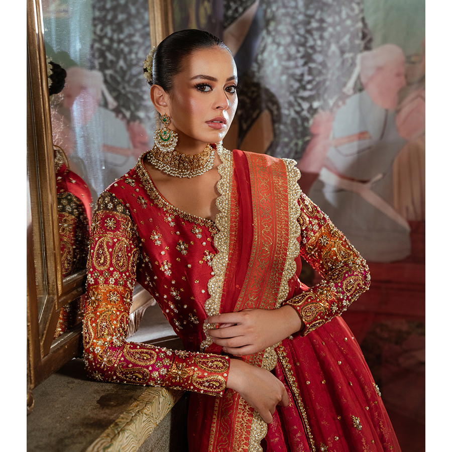 Red Zardozi Tulle & Silk Pishwas Dress (3-Piece) - Image 5