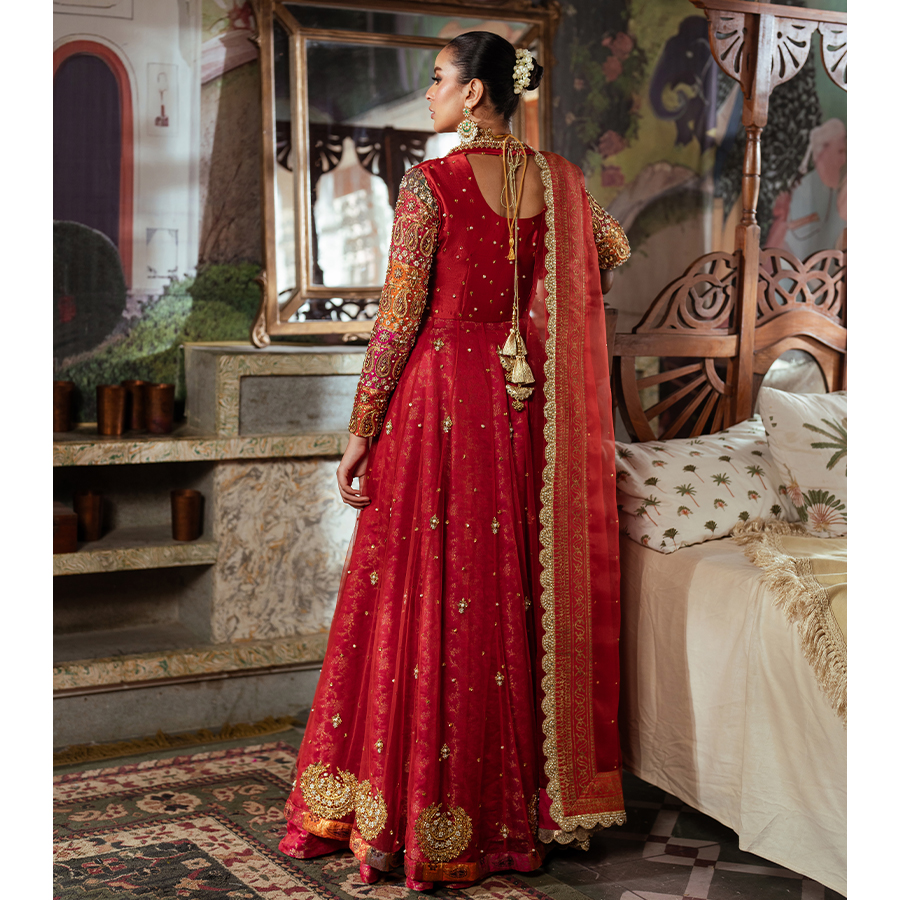 Red Zardozi Tulle & Silk Pishwas Dress (3-Piece) - Image 6
