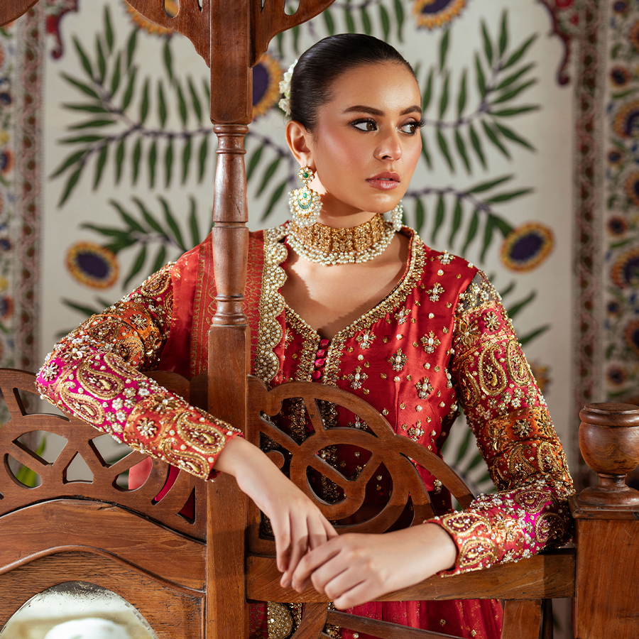Red Zardozi Tulle & Silk Pishwas Dress (3-Piece) - Image 7