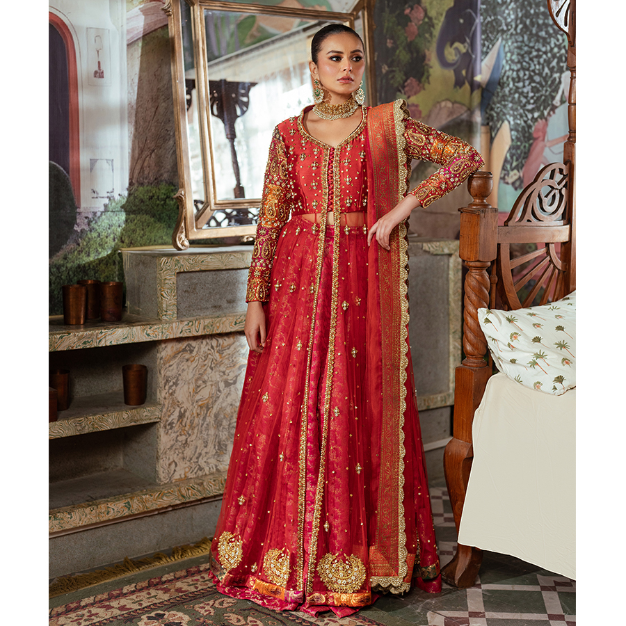 Red Zardozi Tulle & Silk Pishwas Dress (3-Piece) - Image 8