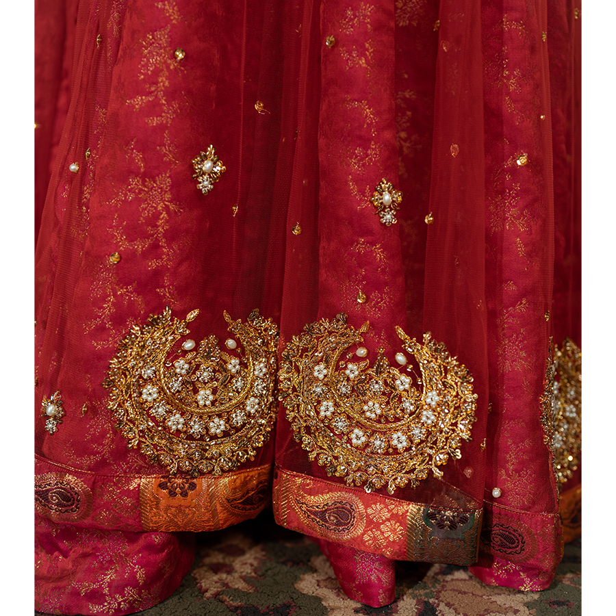 Red Zardozi Tulle & Silk Pishwas Dress (3-Piece) - Image 9