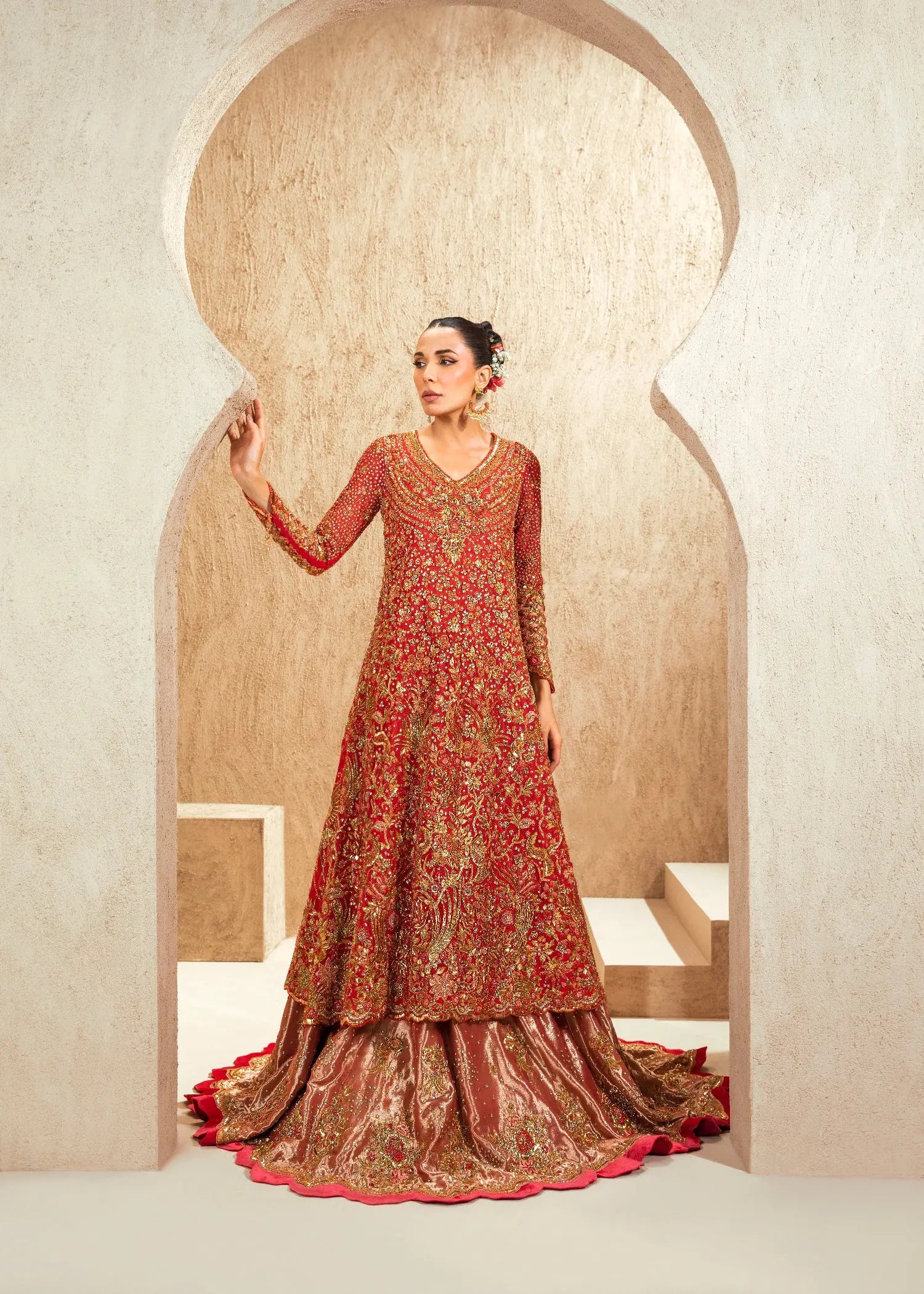 Pakistani Red Zardozi Velvet Bridal Pishwas Dress (3-Piece) - Image 1