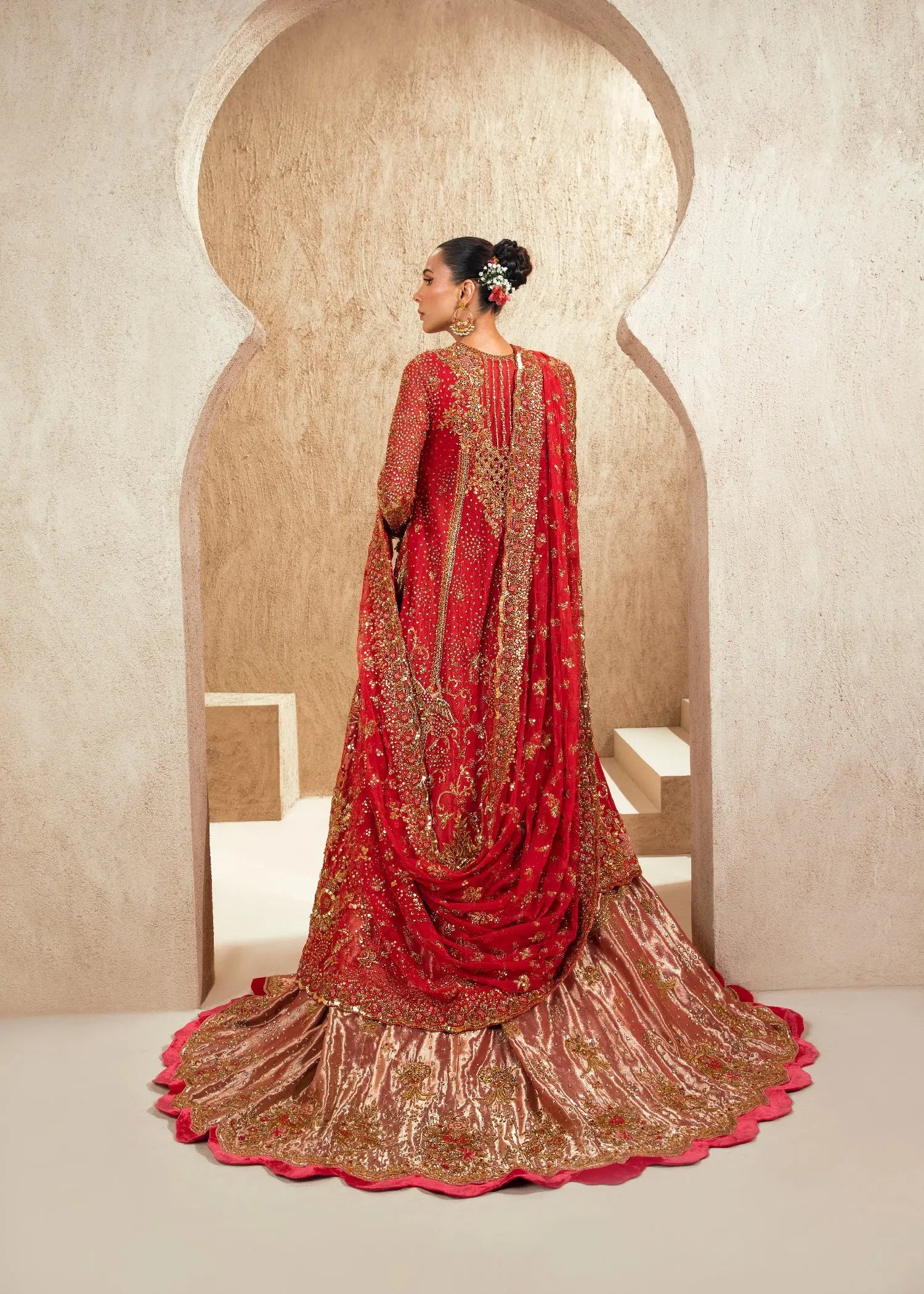 Pakistani Red Zardozi Velvet Bridal Pishwas Dress (3-Piece) - Image 3
