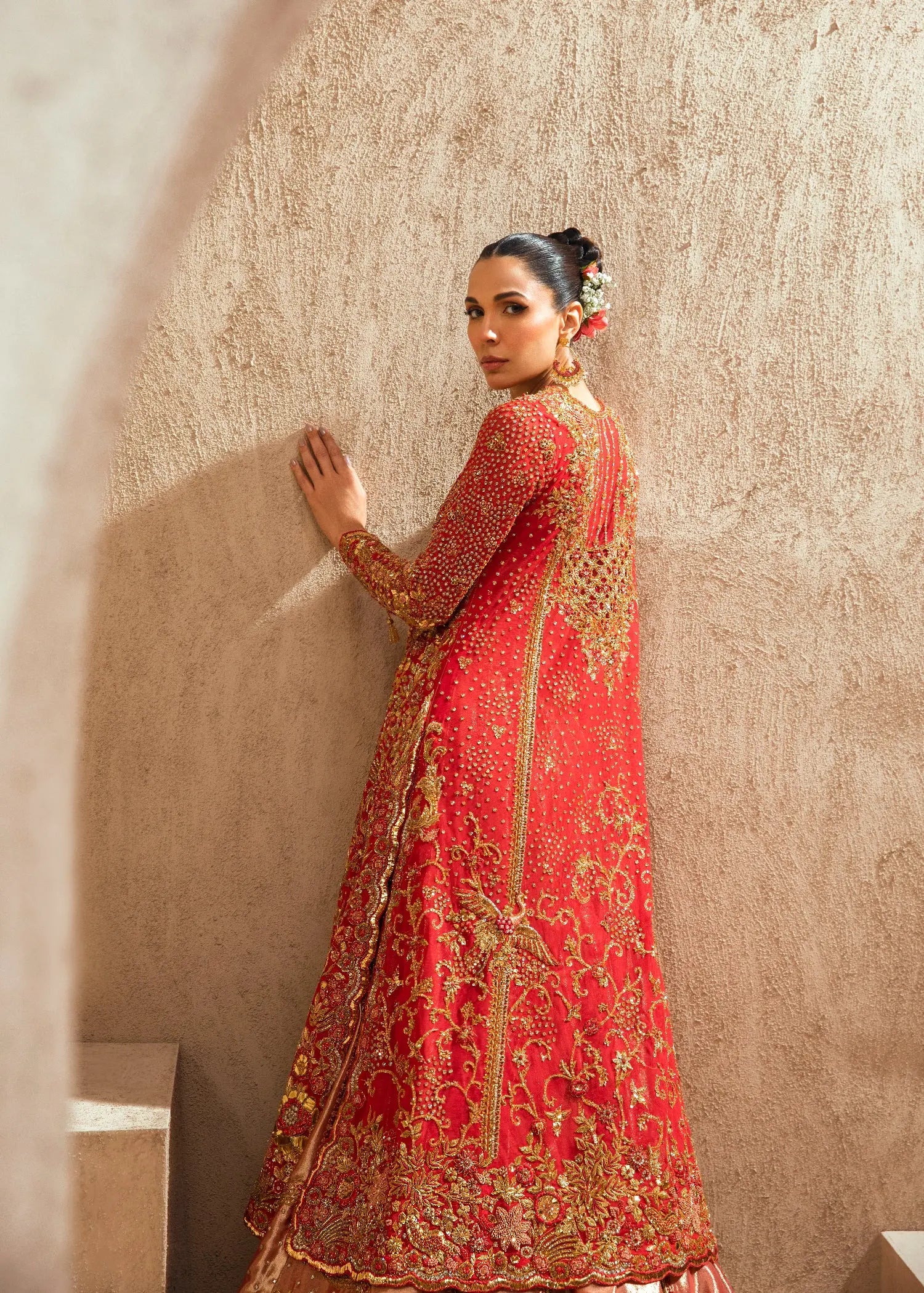 Pakistani Red Zardozi Velvet Bridal Pishwas Dress (3-Piece) - Image 5