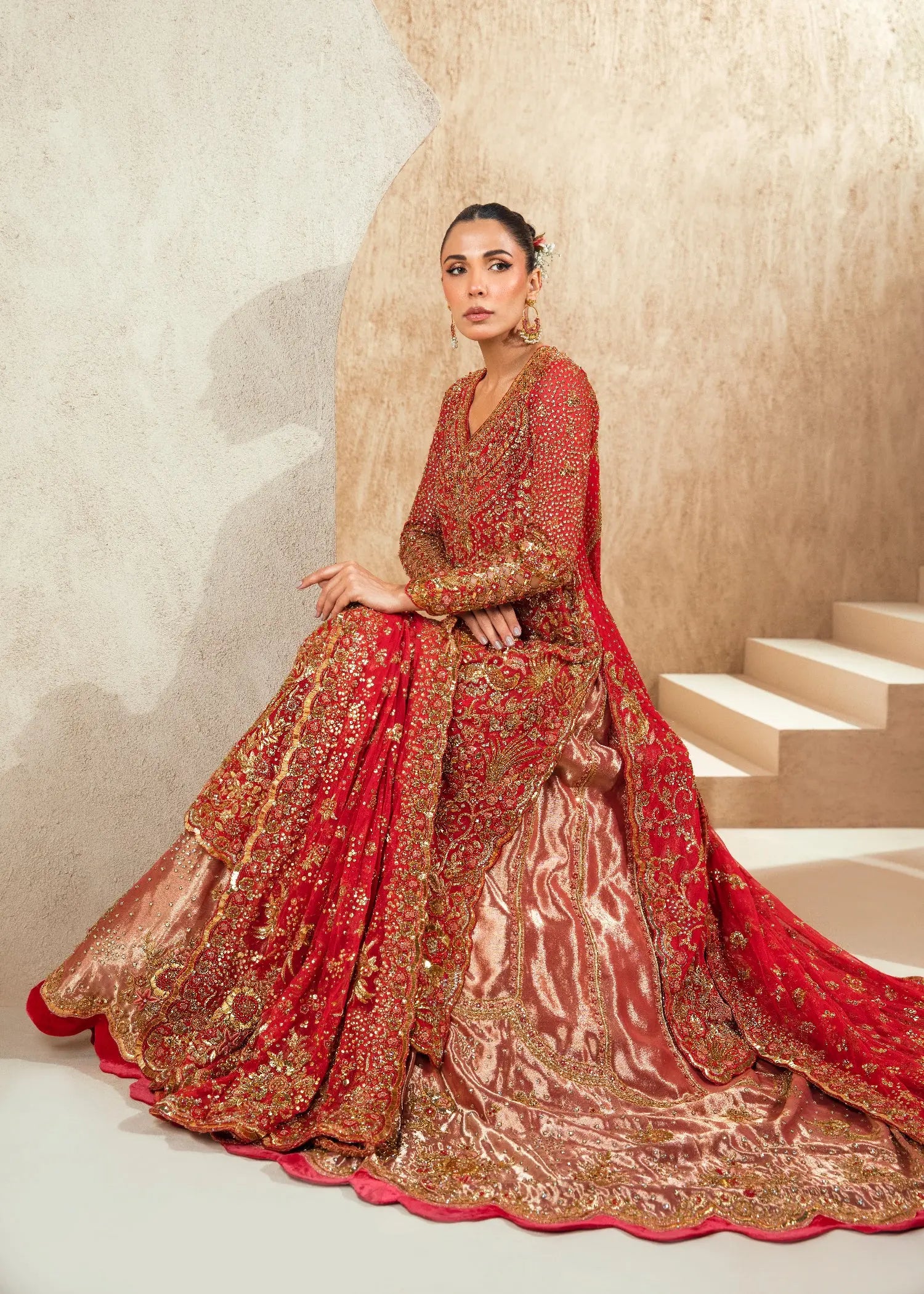 Indian Deep Red Embellished Velvet Pishwas Dress (3-Piece) - Image 4