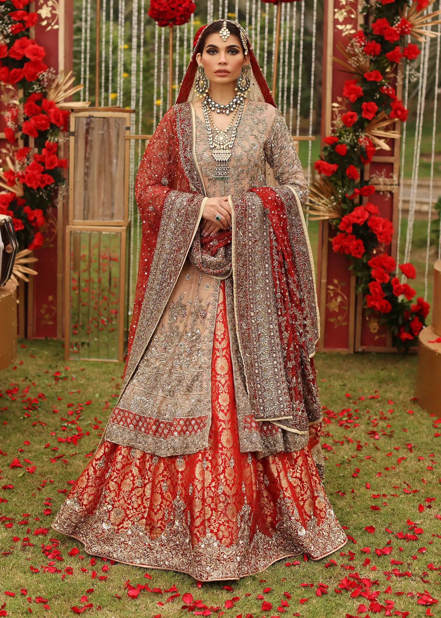 Pakistani Red Embroidered Cotton Net Pishwas Dress (3-Piece) - Image 1