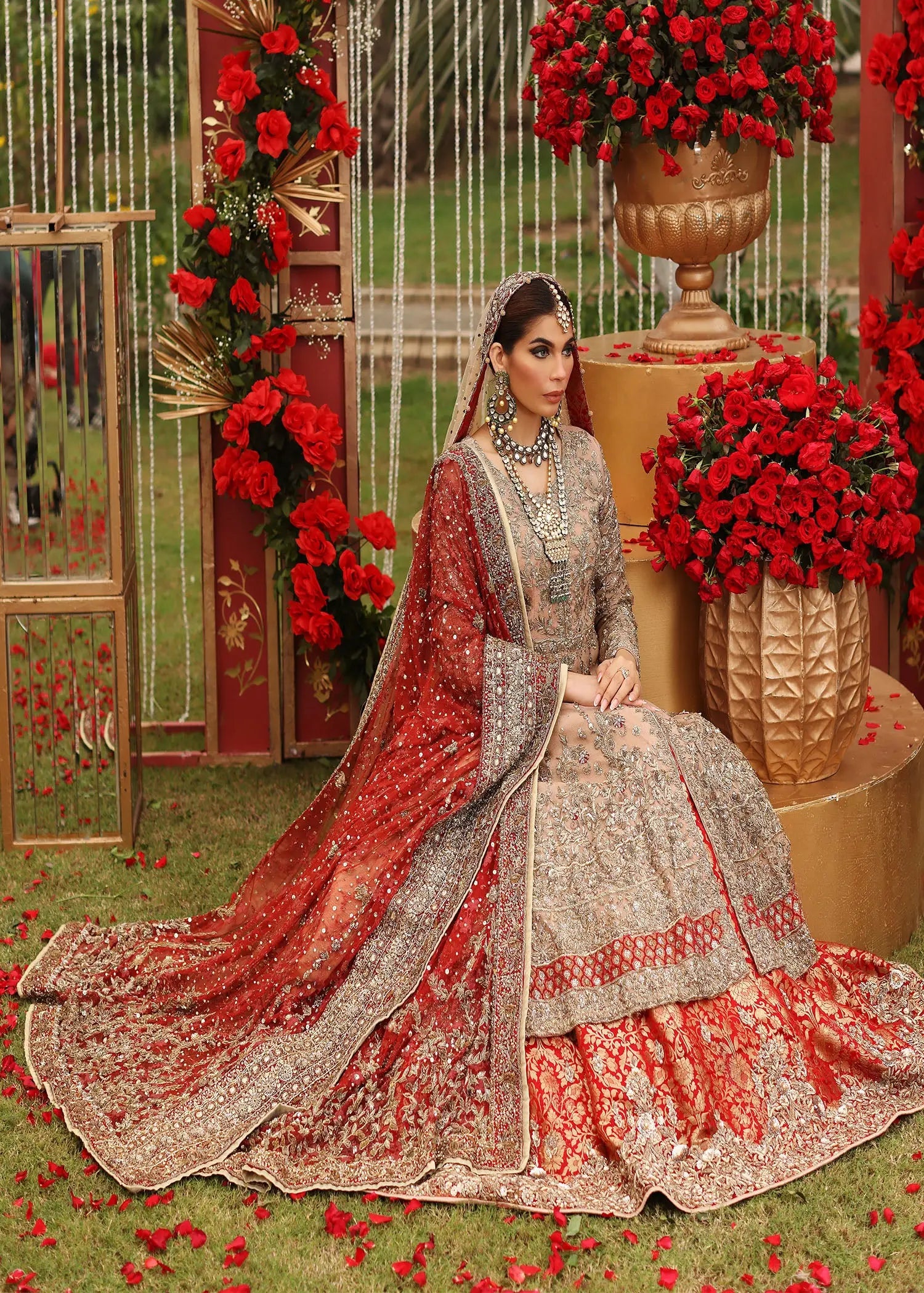 Pakistani Red Embroidered Cotton Net Pishwas Dress (3-Piece) - Image 3