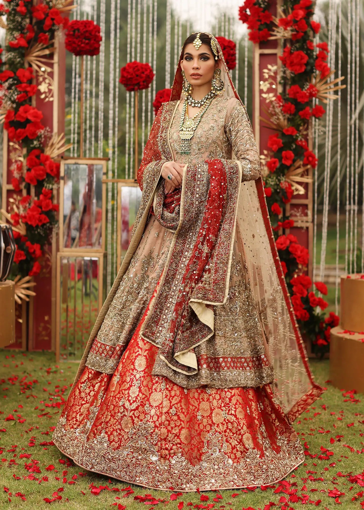 Pakistani Red Embroidered Cotton Net Pishwas Dress (3-Piece) - Image 4