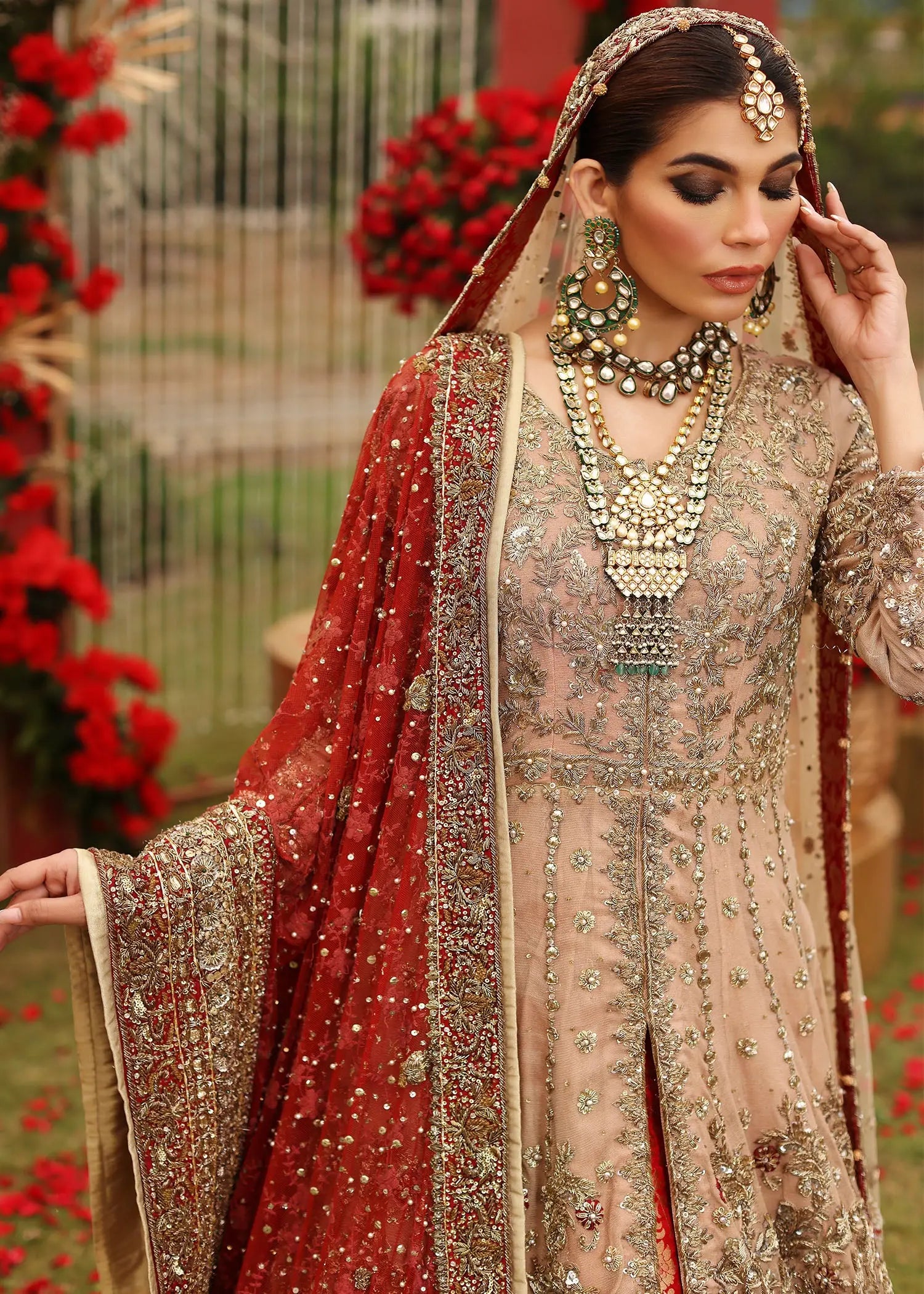 Pakistani Red Embroidered Cotton Net Pishwas Dress (3-Piece) - Image 5