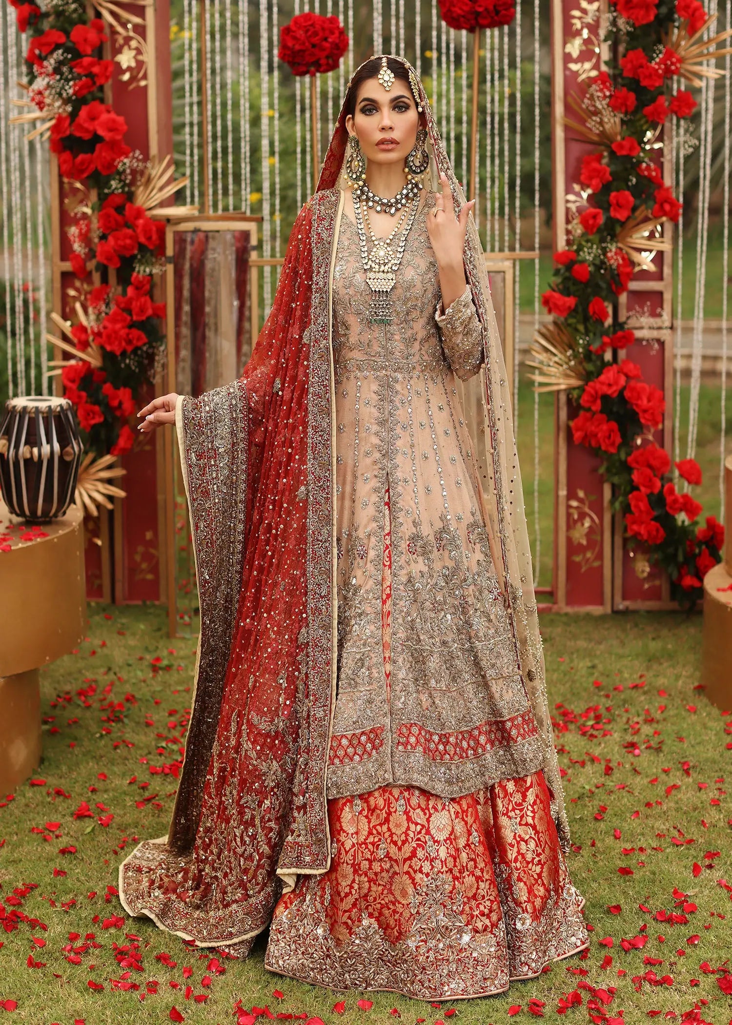 Pakistani Red Embroidered Cotton Net Pishwas Dress (3-Piece) - Image 6