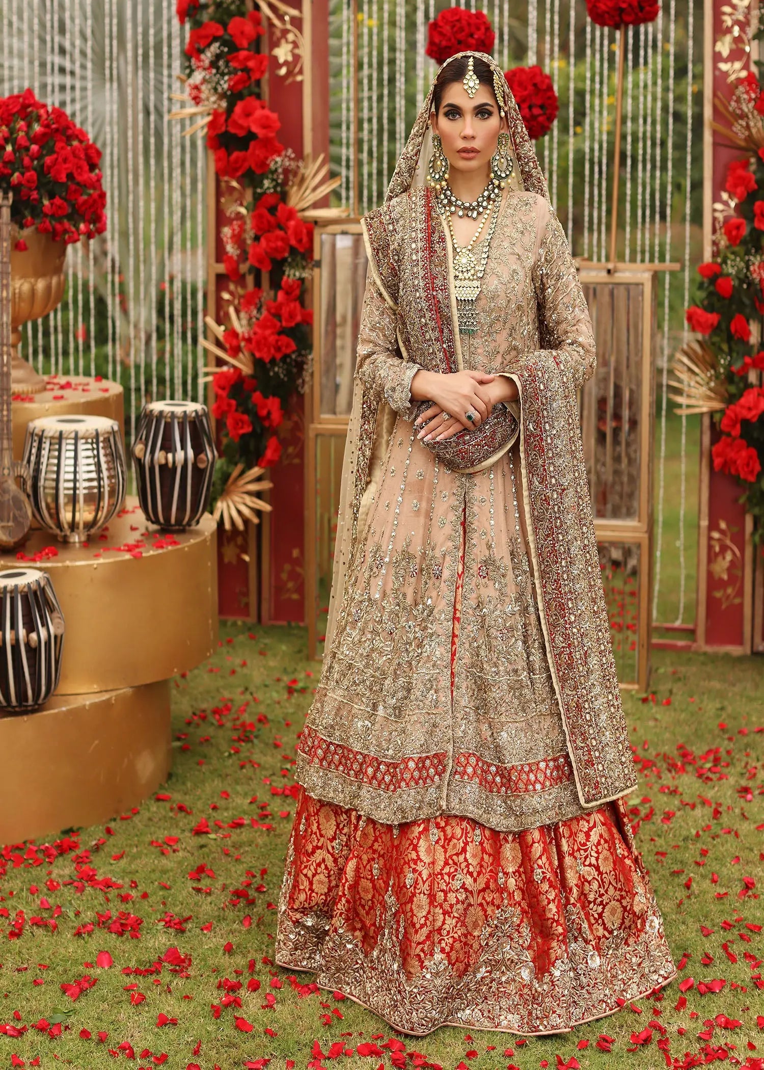 Pakistani Red Embroidered Cotton Net Pishwas Dress (3-Piece) - Image 7