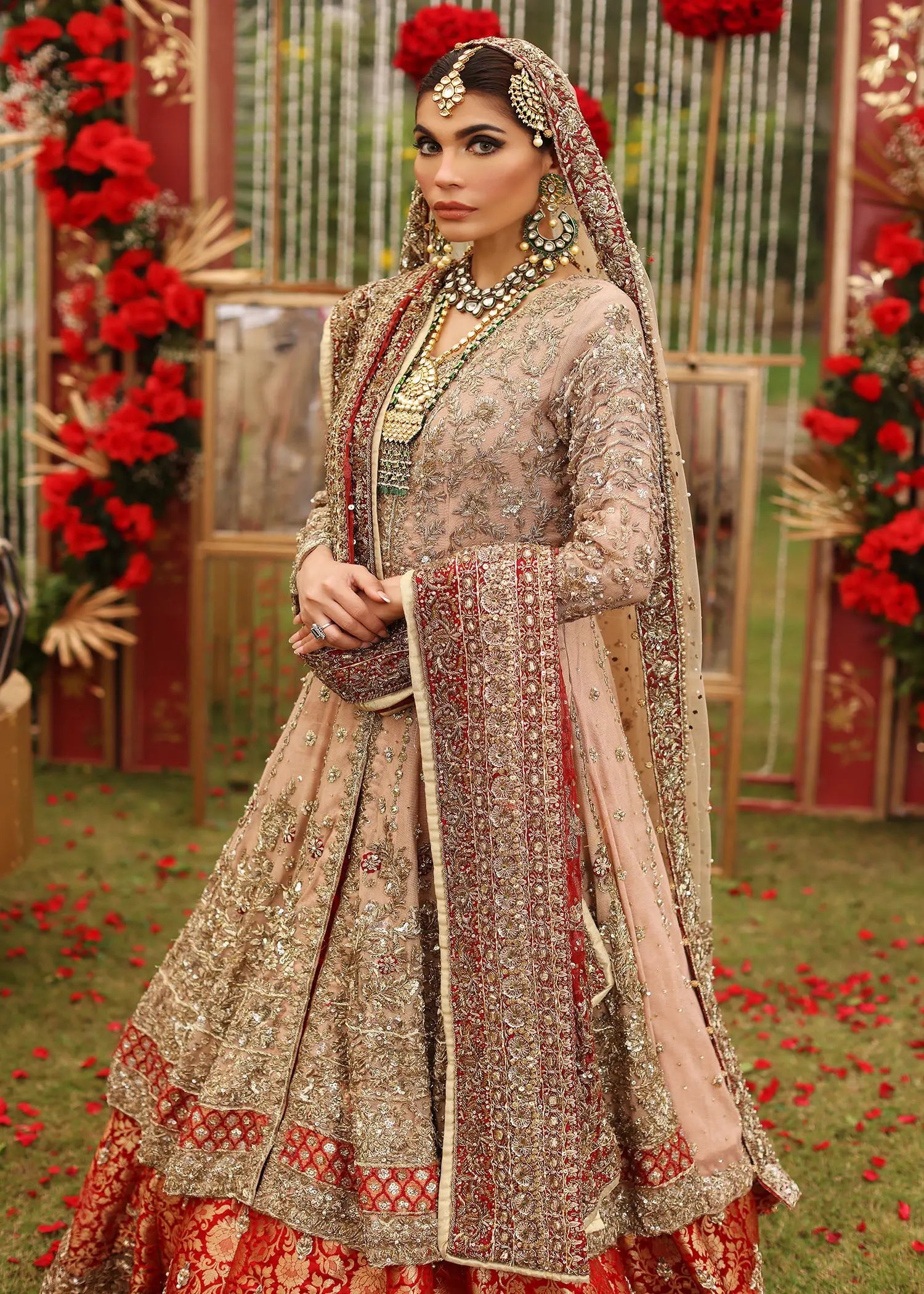 Pakistani Red Embroidered Cotton Net Pishwas Dress (3-Piece) - Image 8