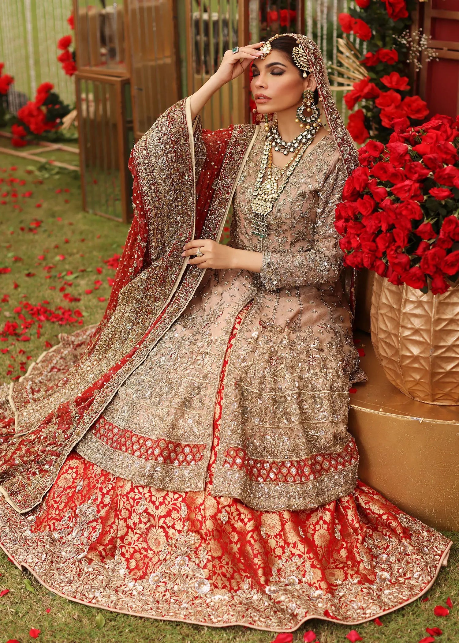 Pakistani Red Embroidered Cotton Net Pishwas Dress (3-Piece) - Image 9