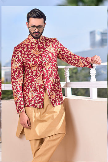 Deep Red Jamawar Prince Coat with Golden Threadwork (1-Pc) - Image 1