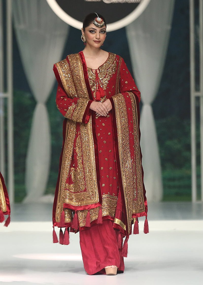 Red Gold Marori Chiffon Salwar Kameez (3-Piece) - Image 1