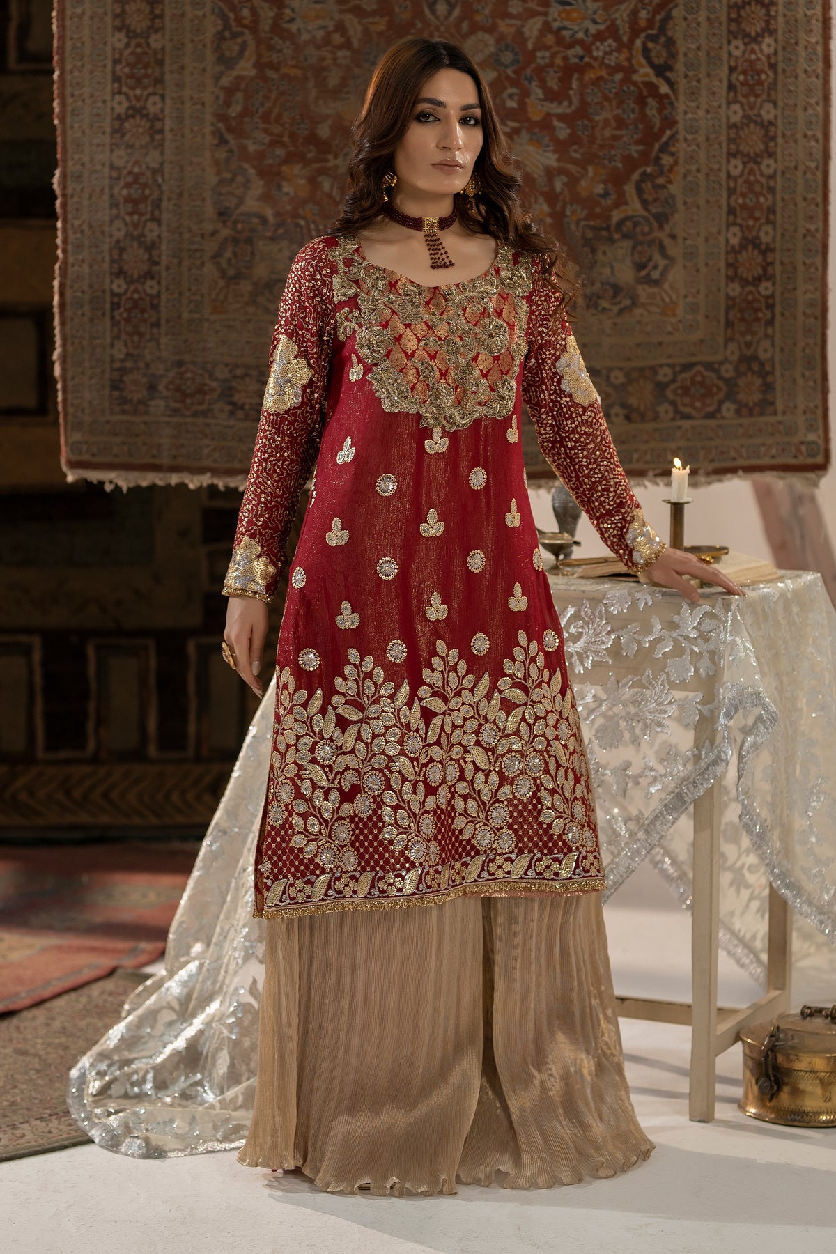 Crimson Golden Embroidered Chiffon & Tissue Salwar Kameez (2-Piece) - Image 1