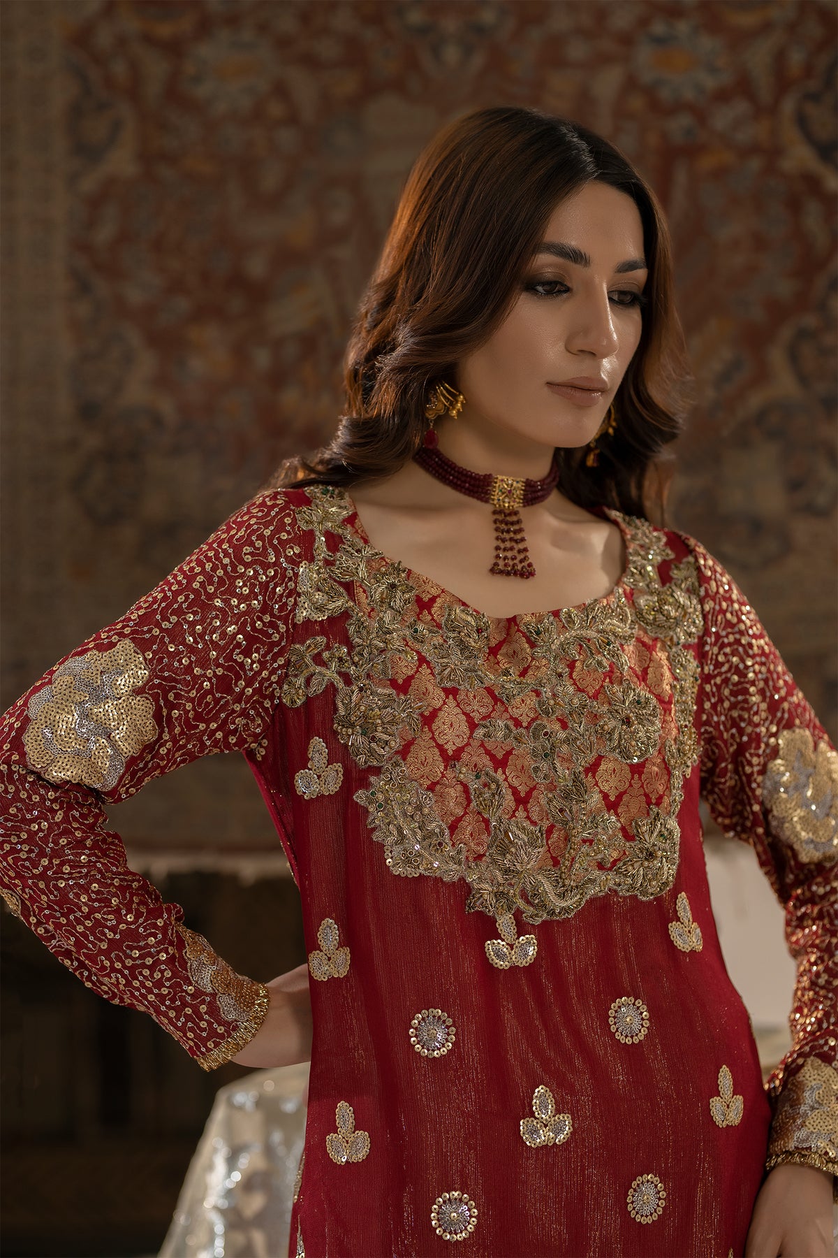 Crimson Golden Embroidered Chiffon & Tissue Salwar Kameez (2-Piece) - Image 2