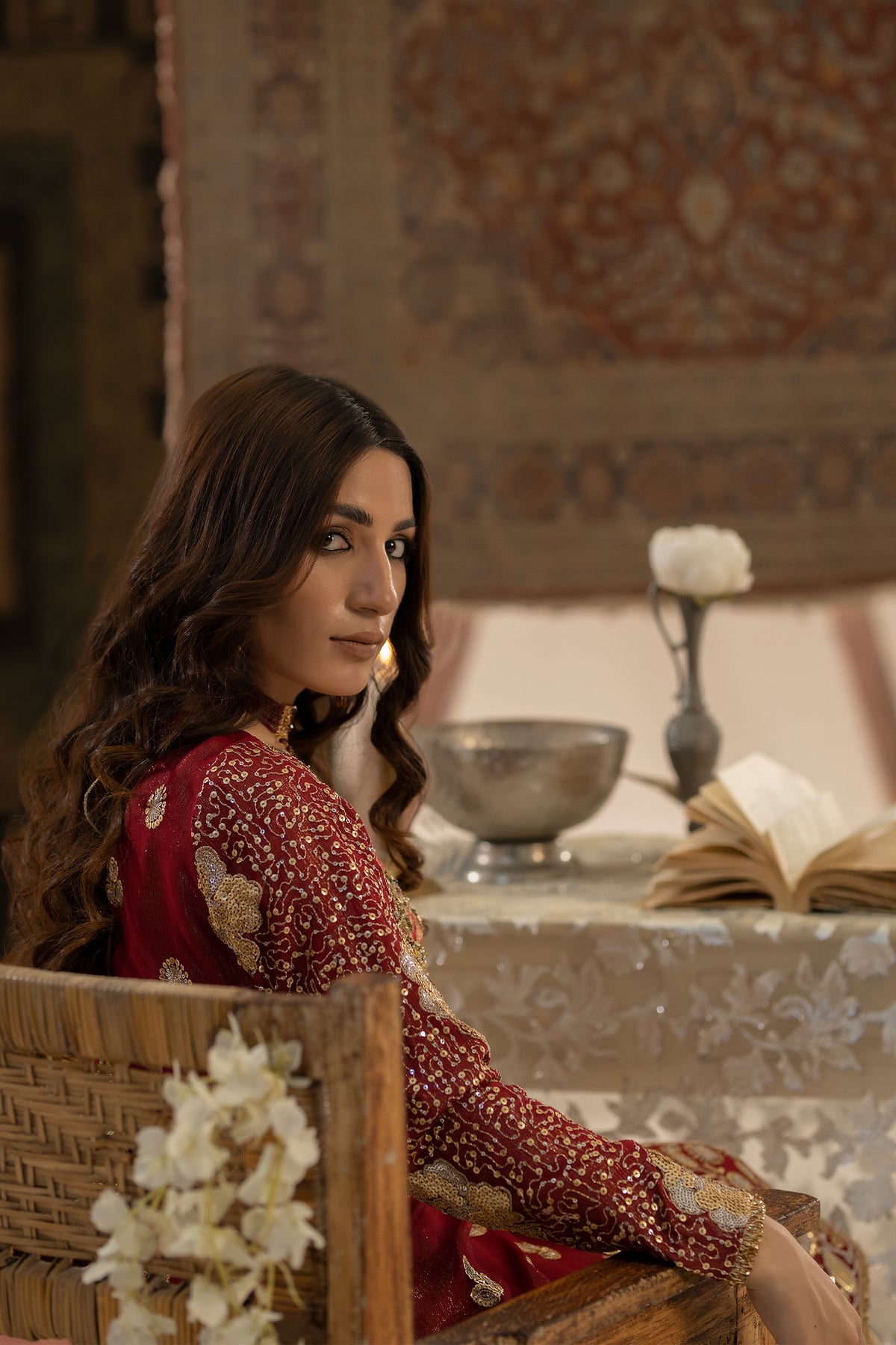 Crimson Golden Embroidered Chiffon & Tissue Salwar Kameez (2-Piece) - Image 3