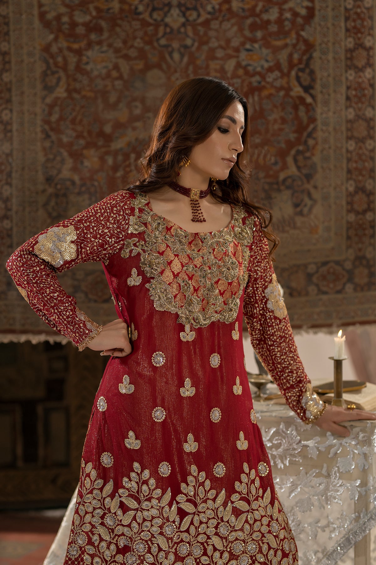 Crimson Golden Embroidered Chiffon & Tissue Salwar Kameez (2-Piece) - Image 5