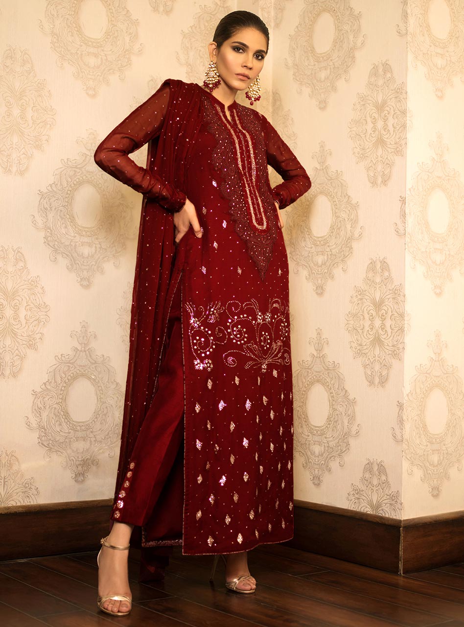 Pakistani Deep Red Mukaish Embroidered Chiffon Salwar Kameez (3-Piece) - Image 2