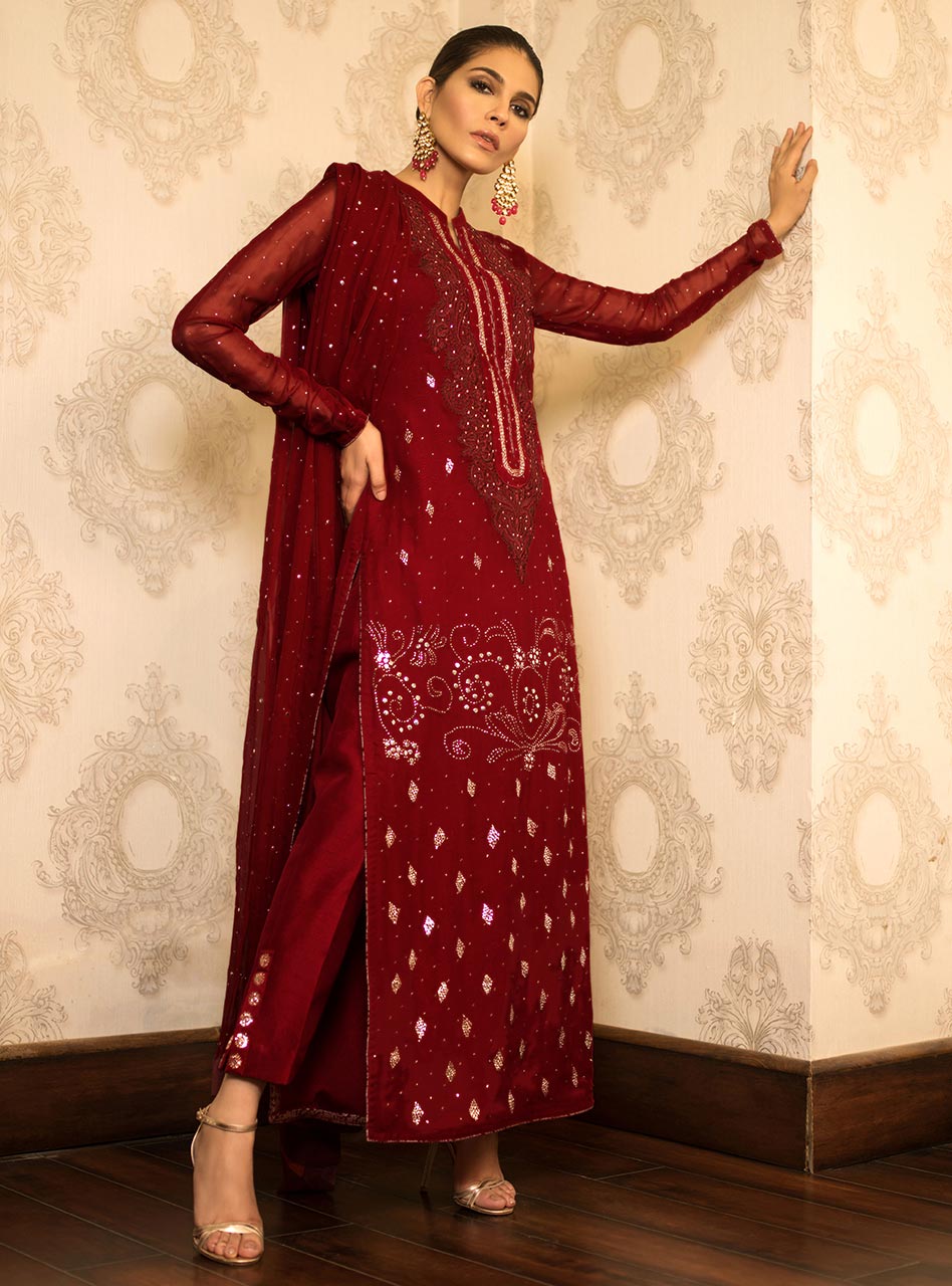 Pakistani Deep Red Mukaish Embroidered Chiffon Salwar Kameez (3-Piece) - Image 3