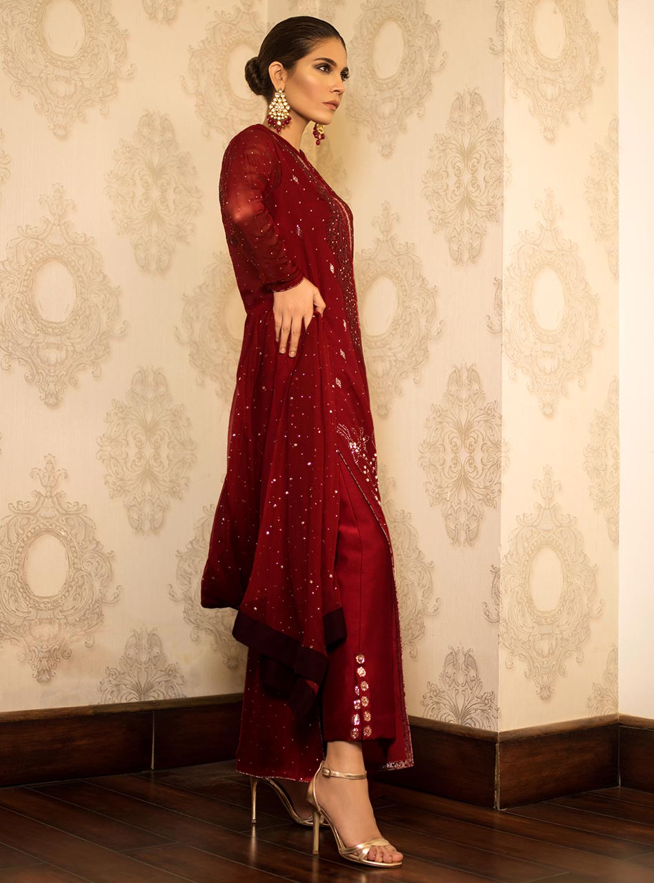 Pakistani Deep Red Mukaish Embroidered Chiffon Salwar Kameez (3-Piece) - Image 4