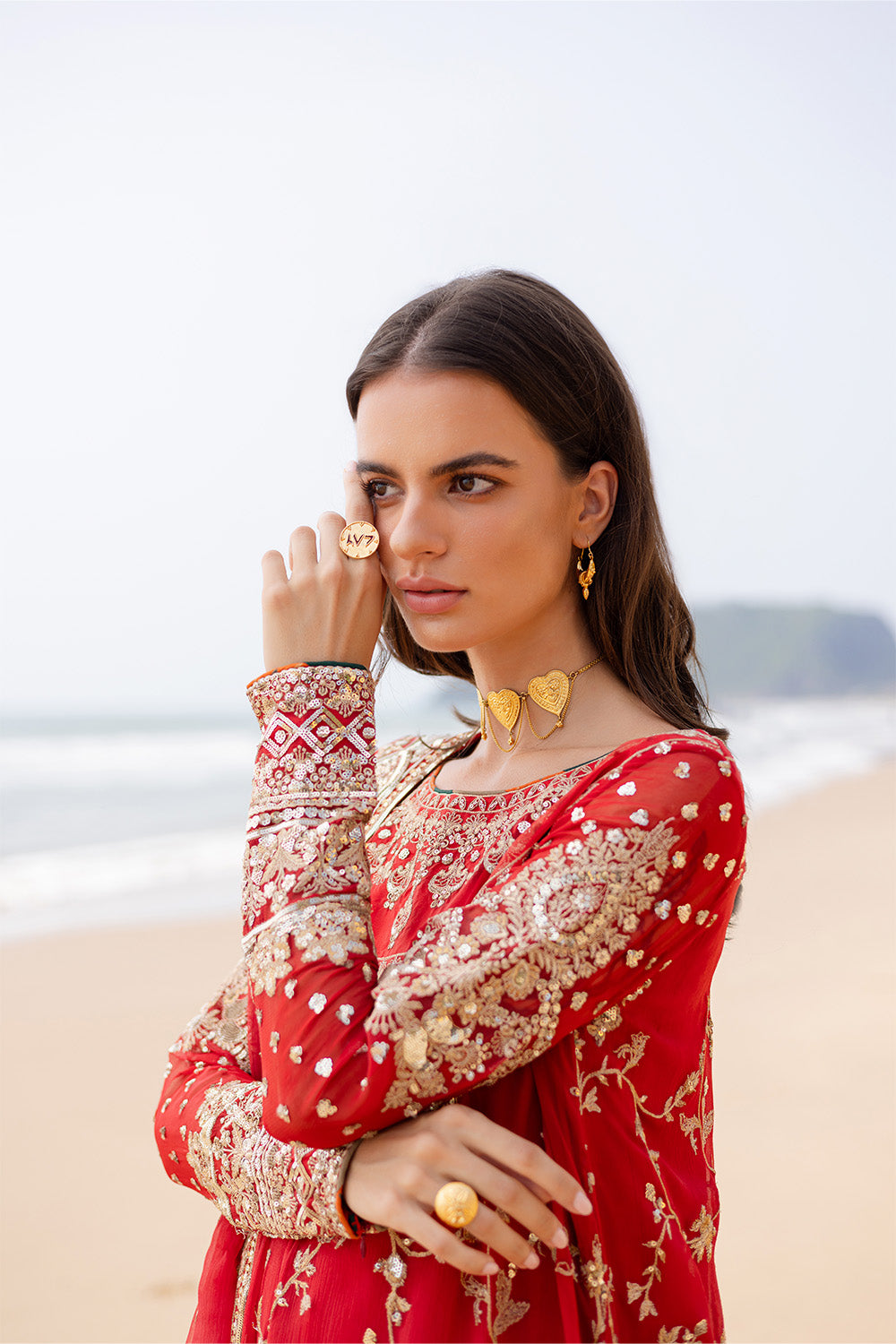 Pakistani Red Embroidered Chiffon & Organza 3-Piece Suit - Image 2