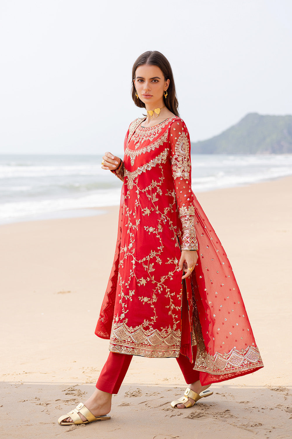 Pakistani Red Embroidered Chiffon & Organza 3-Piece Suit - Image 4