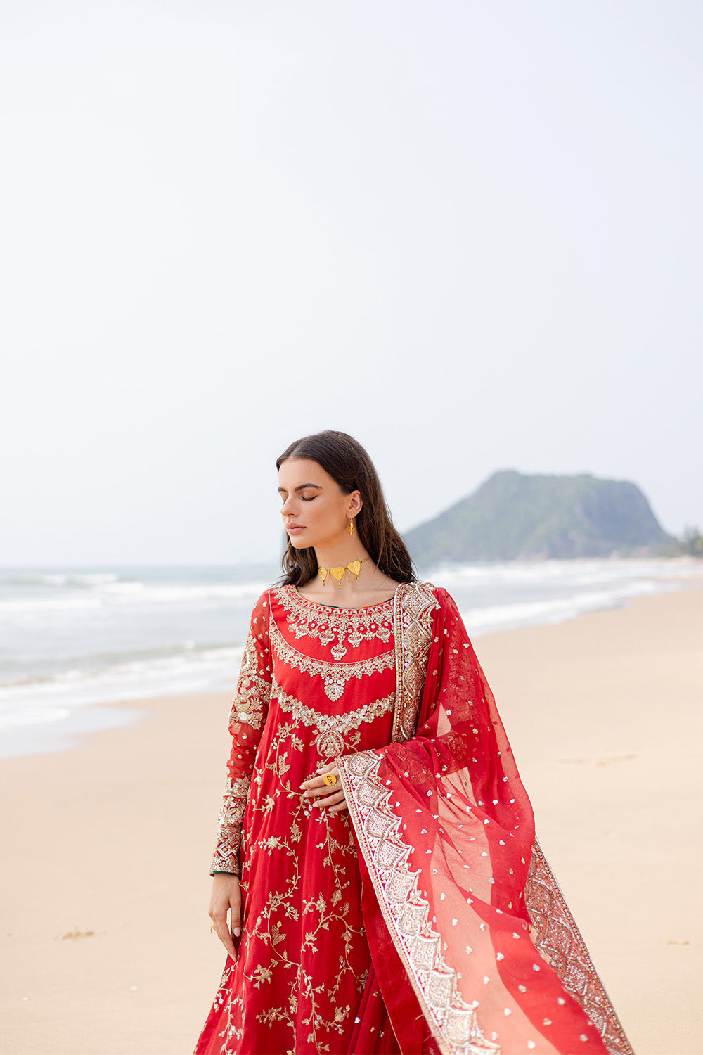 Pakistani Red Embroidered Chiffon & Organza 3-Piece Suit - Image 5