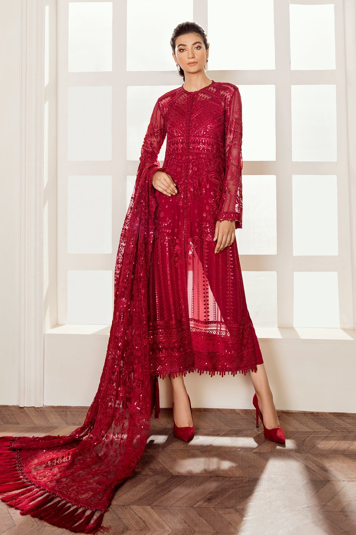 Pakistani Deep Red Embroidered Chiffon Salwar Kameez (3-Piece) - Image 1
