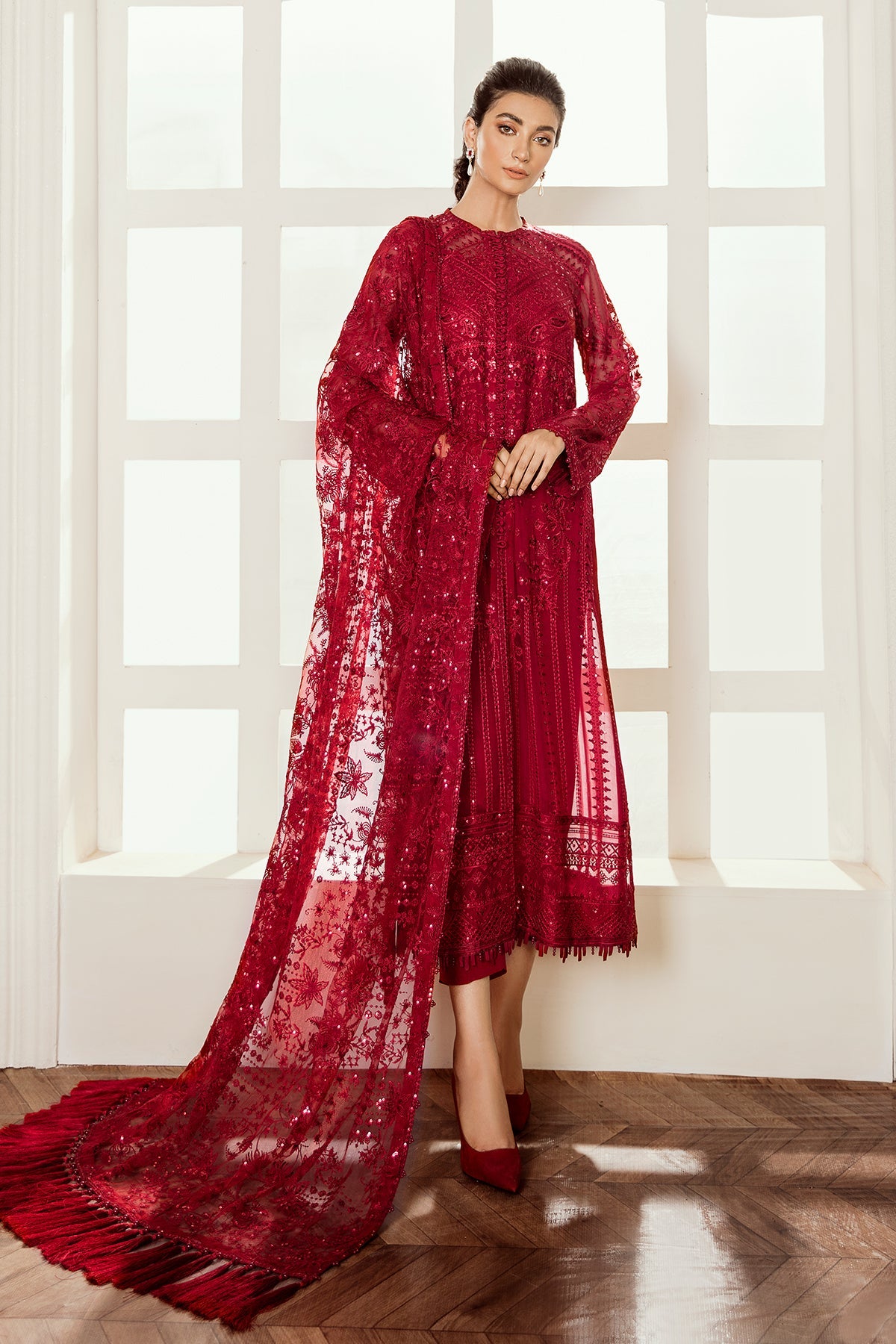 Pakistani Deep Red Embroidered Chiffon Salwar Kameez (3-Piece) - Image 3